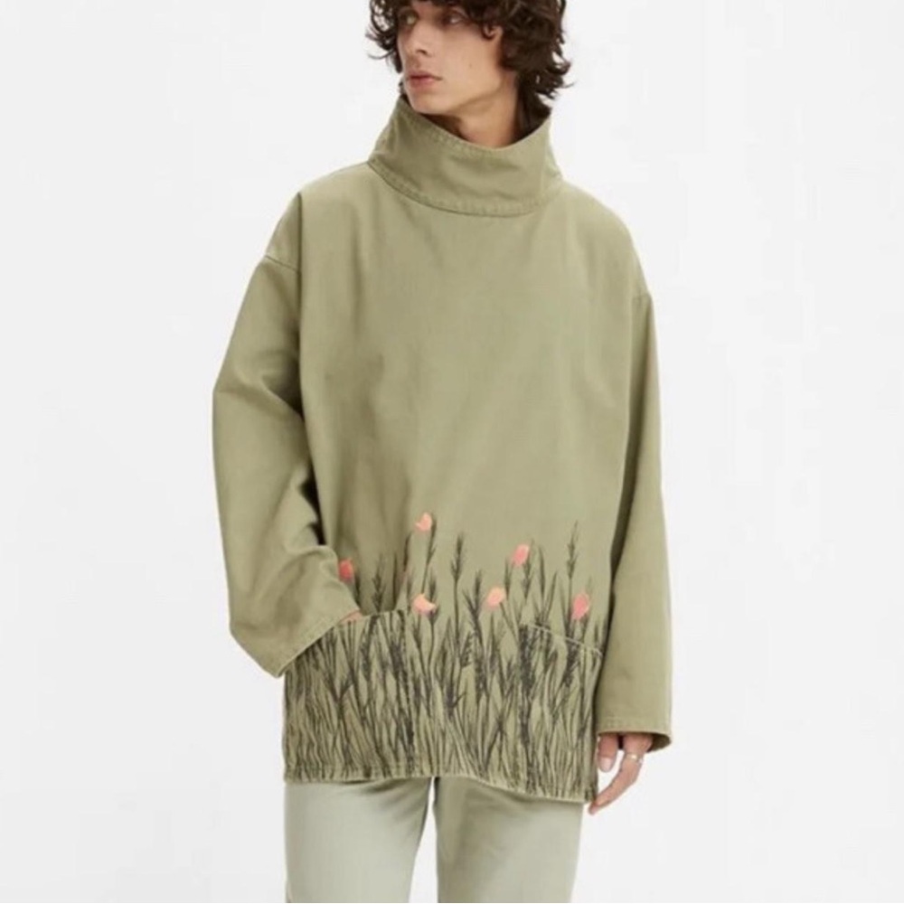 Green Oversized Turtleneck Sweater with Floral Design